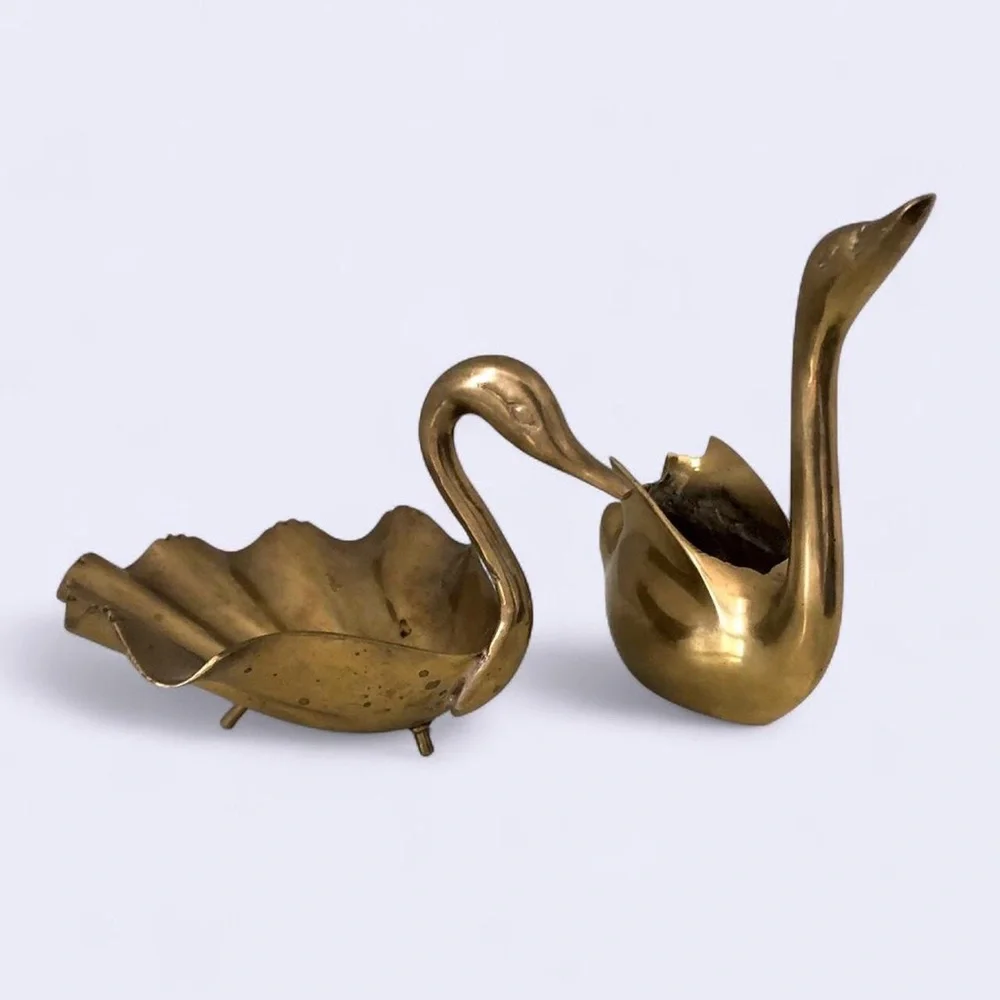 Vintage Brass Swan Planters Trinket Dish Shell Set Cottagecore Hollywood Regency